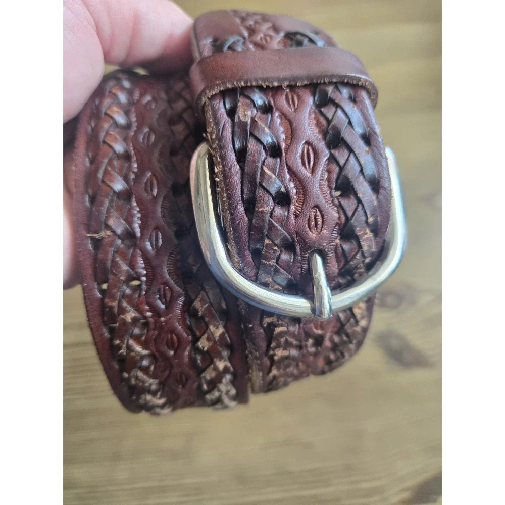 Leather Hand Tooled Woven Brown Belt Hecho en Mexico Mens 40